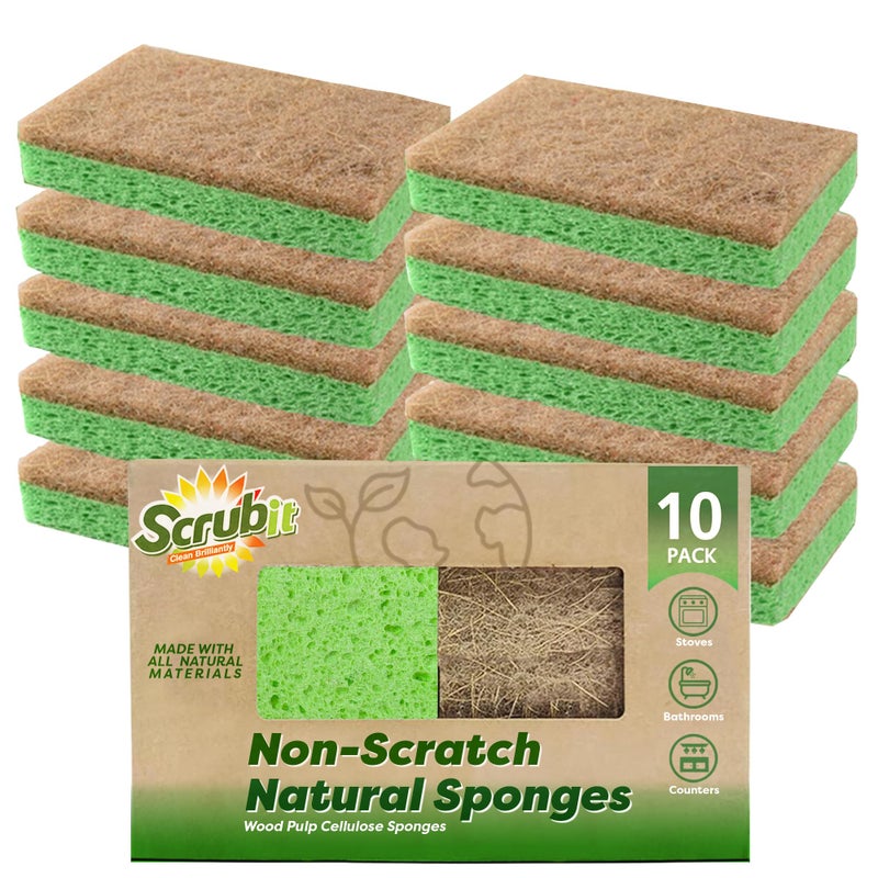 SCRUBIT Natural Sponges - 10 Pack Biodegradable Compostable Cellulose and Coconut Natural Sponges for Dishes, Eco Friendly Non Toxic Kitchen Sponge - Image 1